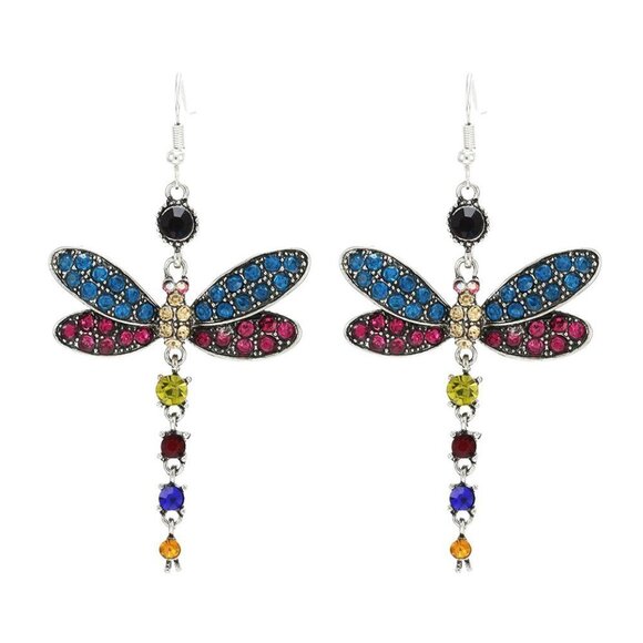 Multi Color Dragonfly Crystal Rhinestone Silver Plated Hook Earrings, V… - Picture 1 of 9